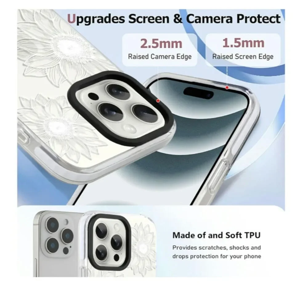 iPhone 16 Pro Max Cute Clear Sunflower Shockproof Protective Slim White S1